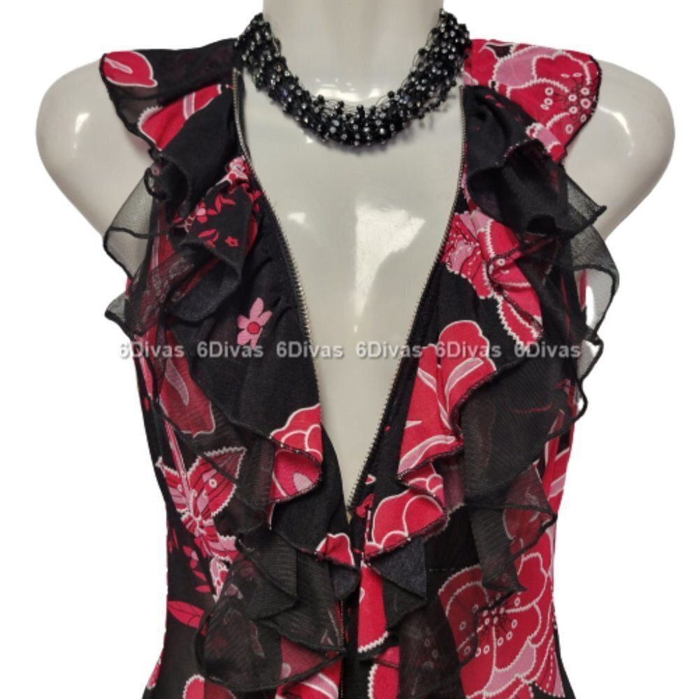 Sheer See Through Red and Black Ruffle Frilly Sleeveless Mini Dress - Picture 4 of 14